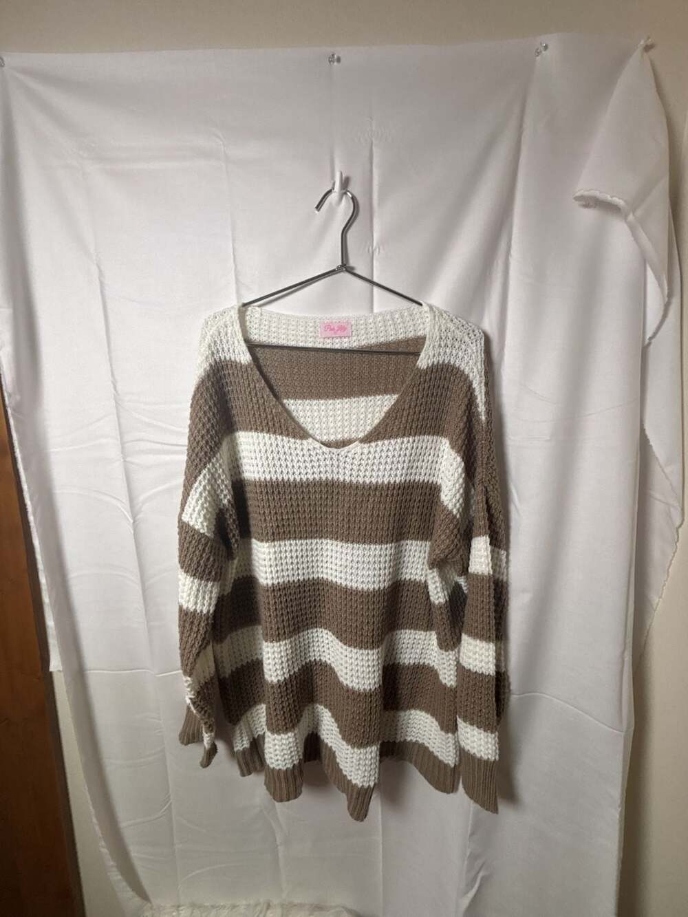 Pink Lily Brown and White Striped V-Neck Knit Sweater Medium